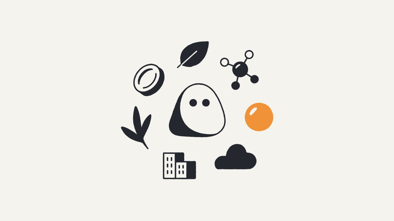 A germ character surrounded by a ring of simple field symbols such as a coin, a leaf, a molecule and a city block, one highlighted amber, showing that the agentic loop built for epidemiology transfers to any field with a checkable model