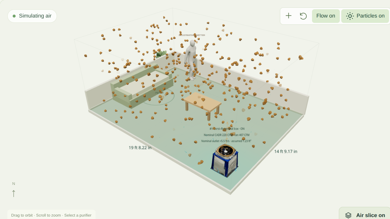 Airwareness desktop preview showing a sample room and purifier placement for exploring indoor airflow.