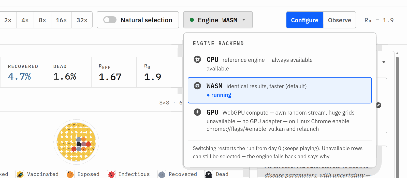 MemeLab engine backend menu in the toolbar listing CPU, WASM and GPU with each backend's running, fell-back or unavailable state