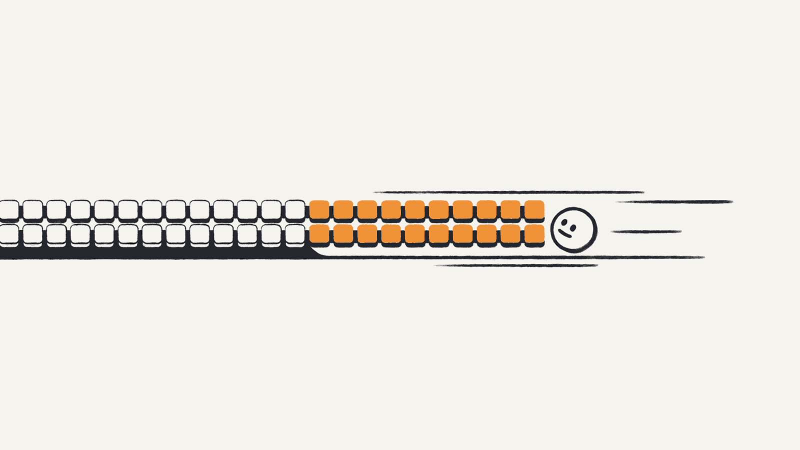 A conveyor of identical tiles merging into a single fast lane, illustrating the Rust engine core compiled to WebAssembly